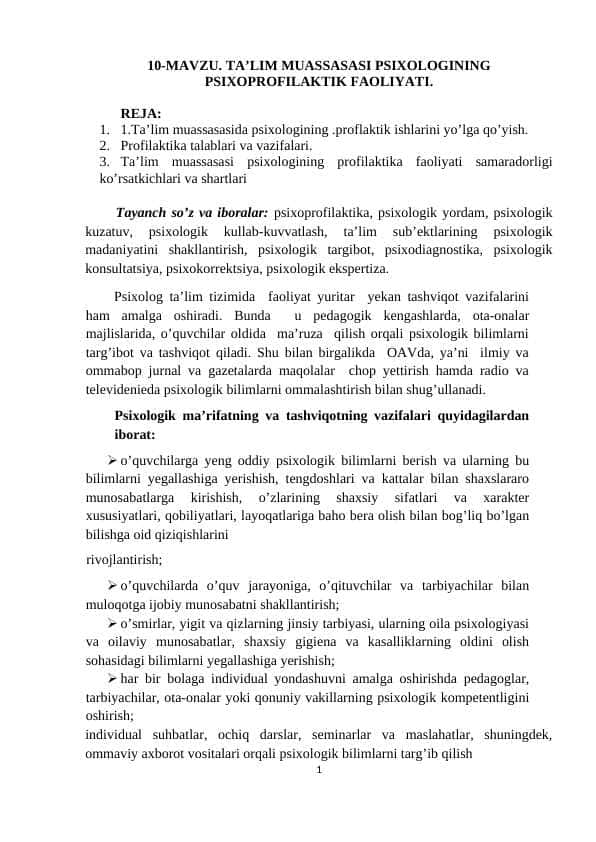 ta'lim muassasasi psixologining psixoprafilaktik faoliyati