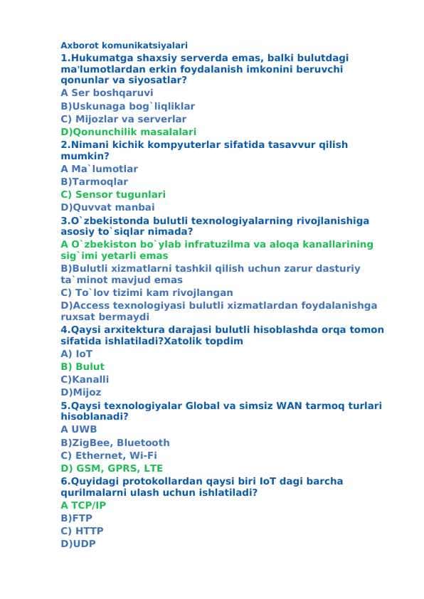 Axborot komunikatsiyalari (Informatika) Test 2024