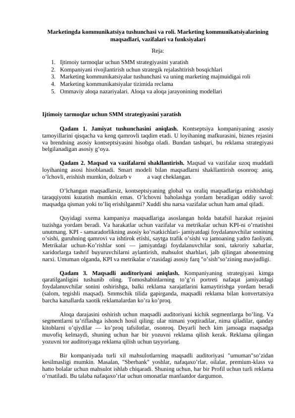 Marketingda kommunikatsiya tushunchasi va roli. Marketing kommunikatsiyalarining maqsadlari, vazifalari va funksiyalari