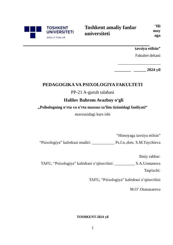 Psihologning oʻrta va oʻrta maxsus taʼlim tizimidagi faoliyati