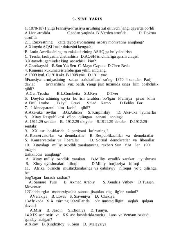 9-sinf tarix 1-4-chorak (Javoblari bilan)