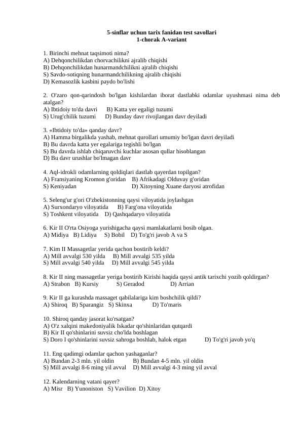 5-sinf tarix 1-chorak testi javoblari bilan