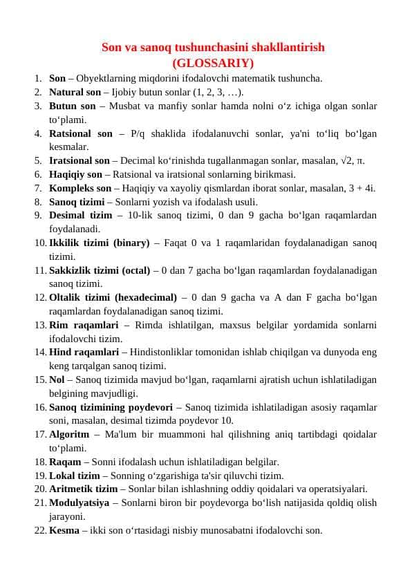 Son va sanoq tushunchasini shakllantirish (GLOSSARIY)