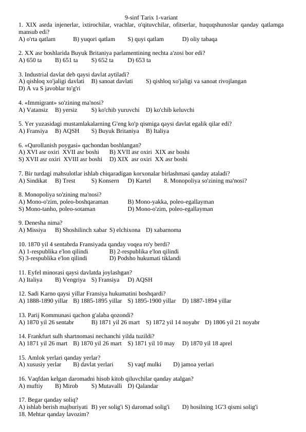9-sinf tarix 1-chorak testi javoblari bilan