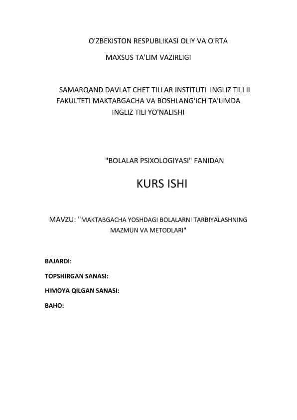 MAKTABGACHA YOSHDAGI BOLALARNI TARBIYALASHNING MAZMUN VA Maqsadi