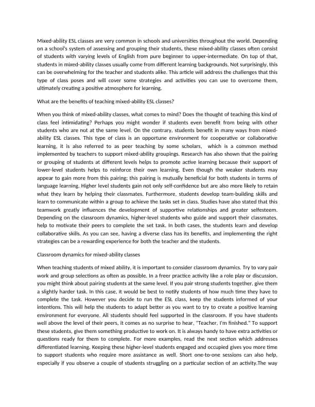 Mixed-ability ESL classes: Challenges and Strategies