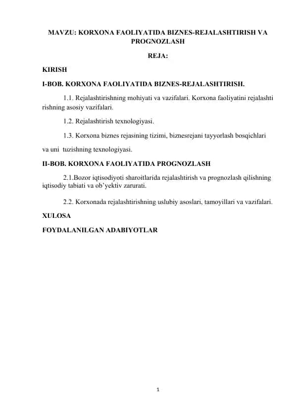 Korxona faoliyatida biznes-rejalashtirish va prognozlash