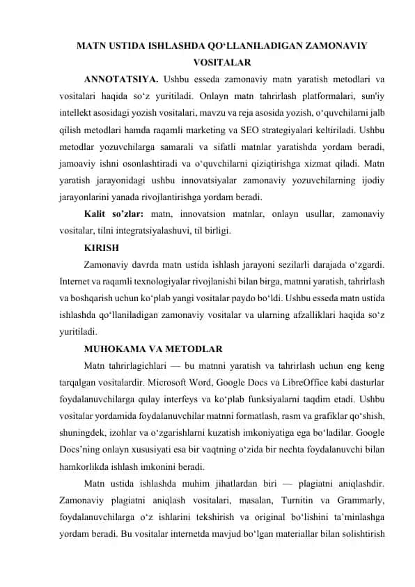 MATN USTIDA ISHLASHDA QO‘LLANILADIGAN ZAMONAVIY VOSITALAR