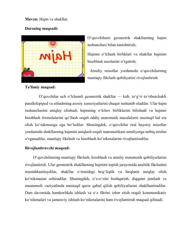 Matematika Hajm va shakllar mavzusida ochiq dars mashguloti