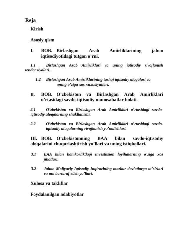 Birlashgan Arab Amirliklarining jahon iqtisodiyotidagi tutgan o’rni.