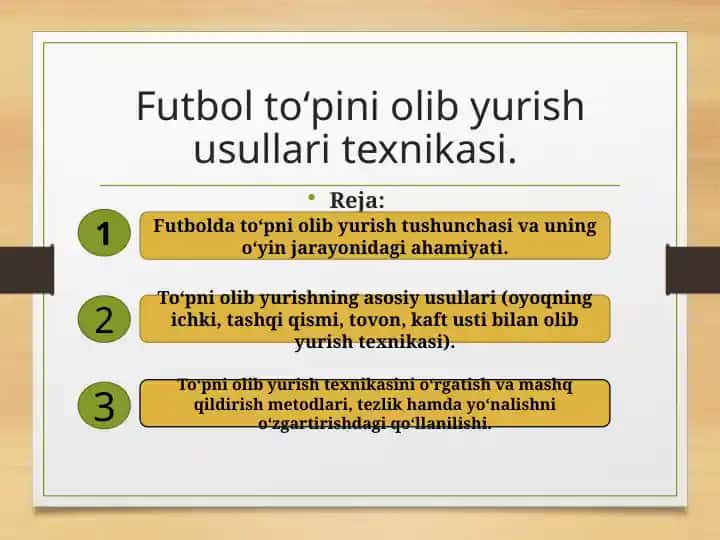 Futbol to‘pini olib yurish usullari texnikasi.