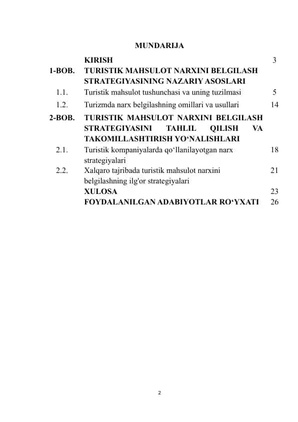 TURISTIK MAHSULOT NARXINI BELGILASH STRATEGIYASINI TAHLIL QILISH