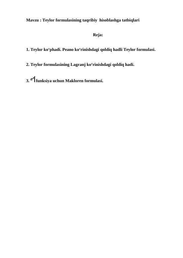 Teylor formulasining taqribiy hisoblashga tatbiqlari