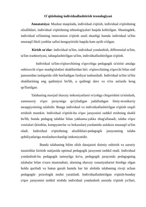 O`qitishning individuallashtirish texnologiyasi