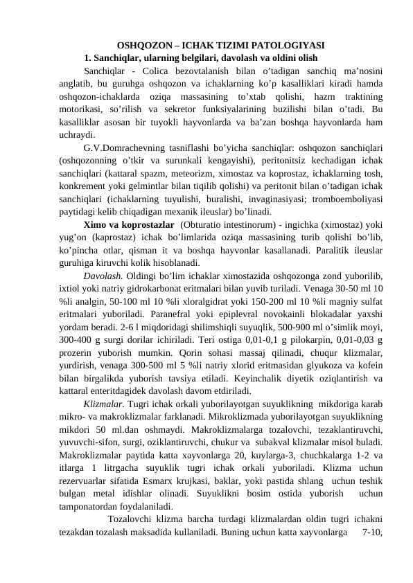 OSHQOZON – ICHAK TIZIMI PATOLOGIYASI