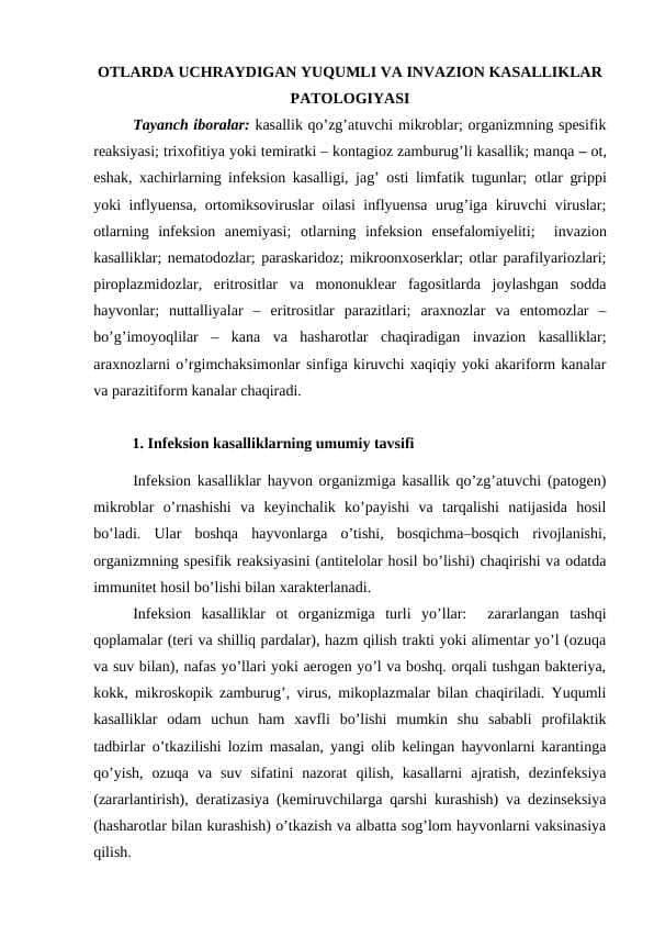 OTLARDA UCHRAYDIGAN YUQUMLI VA INVAZION KASALLIKLAR PATOLOGIYASI