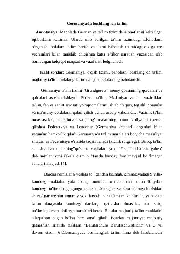 Germaniyada boshlang`ich ta`lim