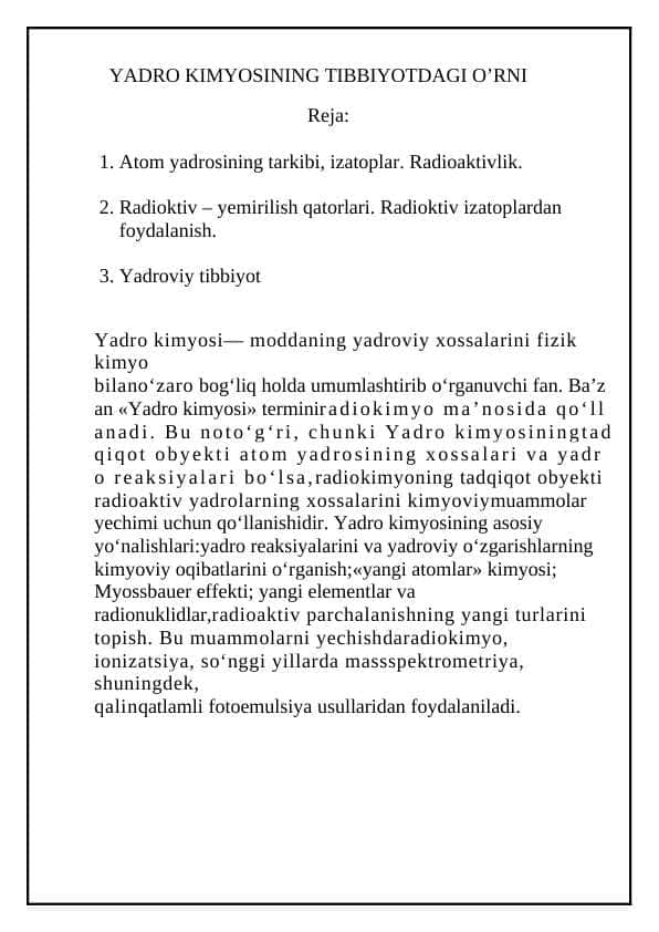 YADRO KIMYOSINING TIBBIYOTDAGI O'RNI