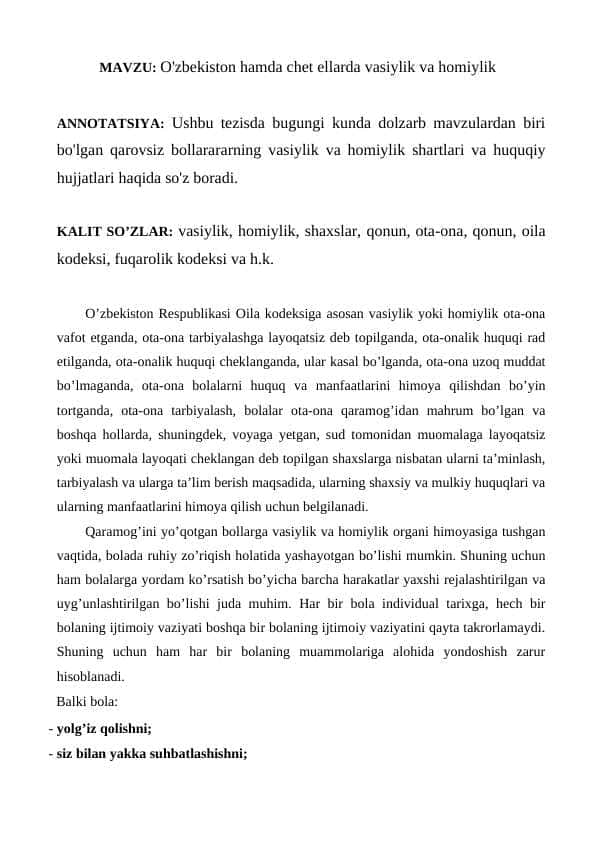 O'zbekiston hamda chet ellarda vasiylik va homiylik