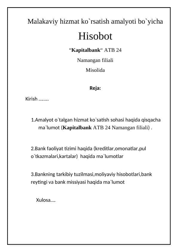 Kapital bank bitiruv oldi amaliyot hisoboti