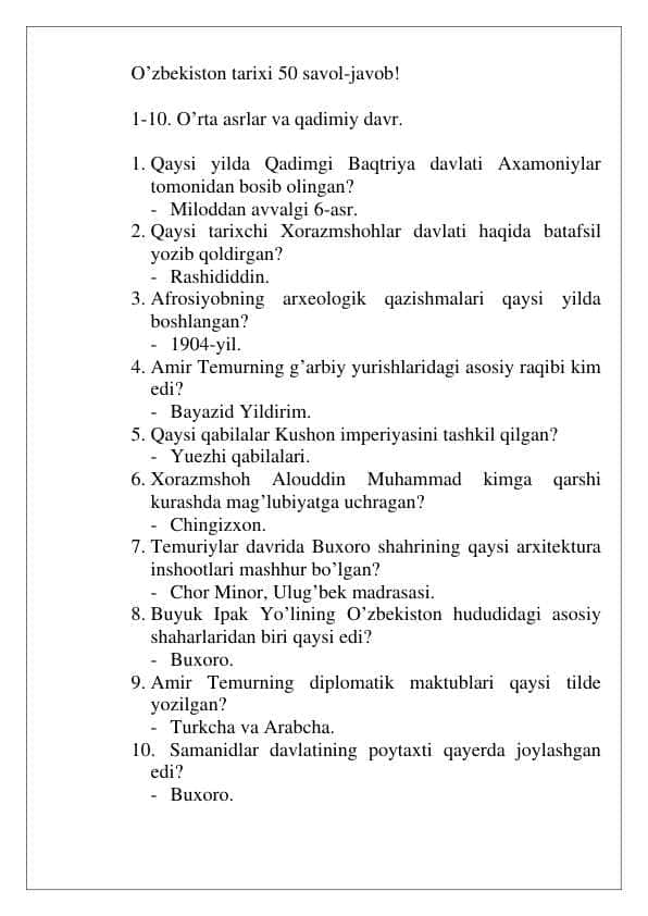 O'zbekiston Tarixi 50 savol-javob