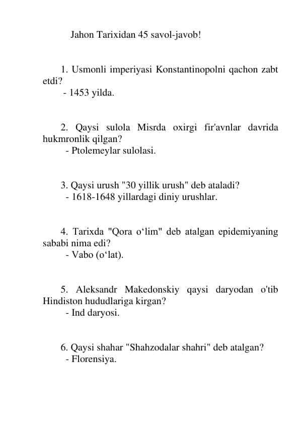 Jahon tarixidan 45 savol-javob