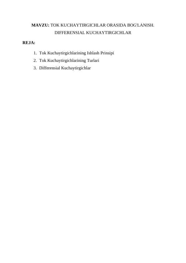 TOK KUCHAYTIRGICHLAR ORASIDA BOG'LANISH. DIFFERENSIAL KUCHAYTIRGICHLAR
