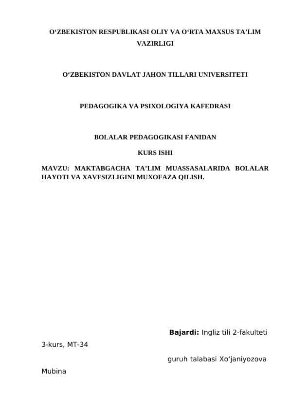 MAKTABGACHA TA’LIM MUASSASALARIDA BOLALAR HAYOTI VA XAVFSIZLIGINI MUXOFAZA QILISH.