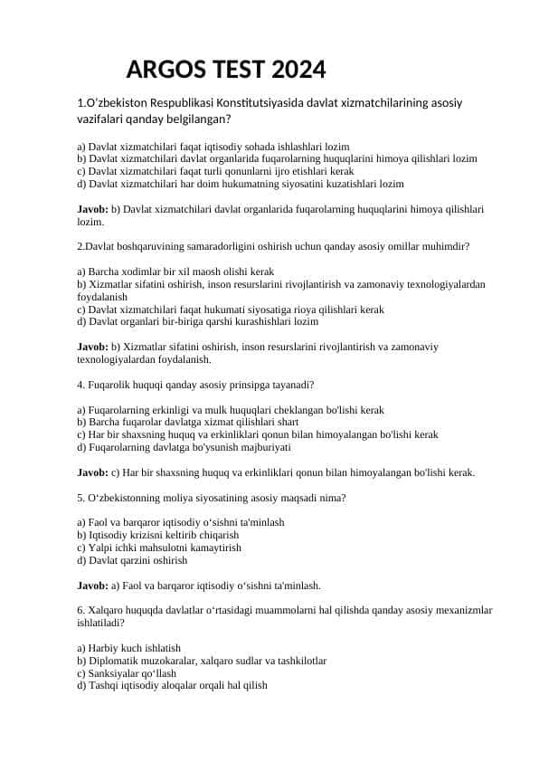 Davlat xizmatchisi ARGOS TEST 2024