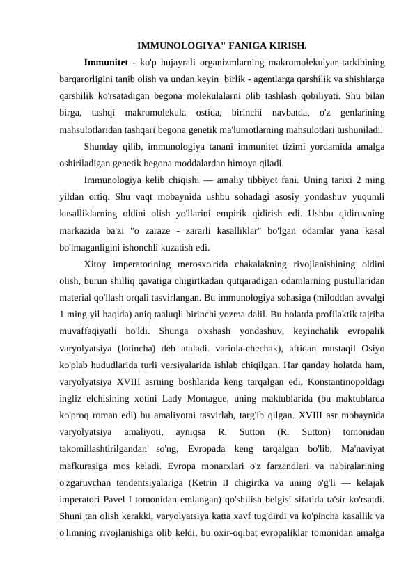 IMMUNOLOGIYA FANIGA KIRISH