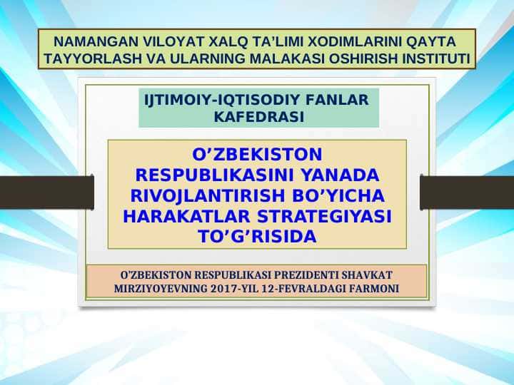 O’ZBEKISTON RESPUBLIKASINI YANADA RIVOJLANTIRISH BO’YICHA HARAKATLAR STRATEGIYASI TO’G’RISIDA