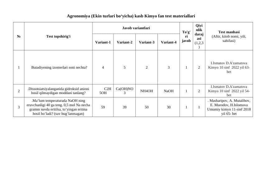 Agronomiya (Ekin turlari bo‘yicha) kasb Kimyo fanidan test materiallari