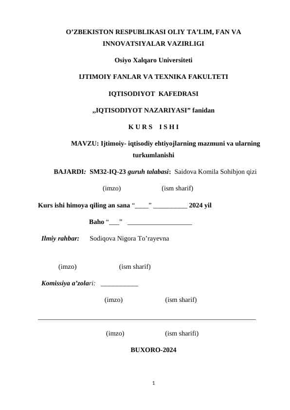 Ijtimoiy- iqtisodiy ehtiyojlarning mazmuni va ularning turkumlanishi