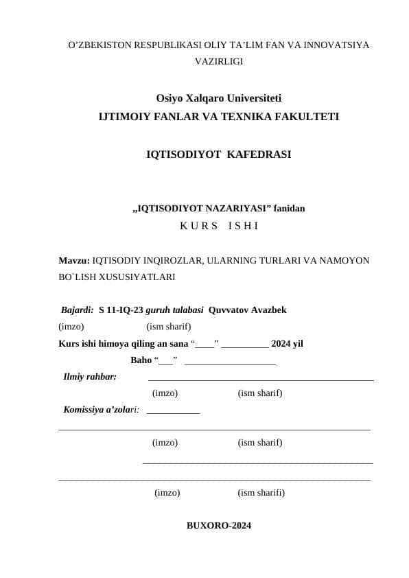 IQTISODIY INQIROZLAR, ULARNING TURLARI VA NAMOYON BO`LISH XUSUSIYATLARI