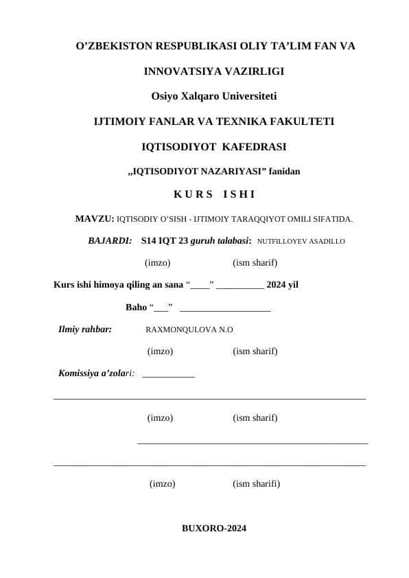 IQTISODIY O’SISH - IJTIMOIY TARAQQIYOT OMILI SIFATIDA.