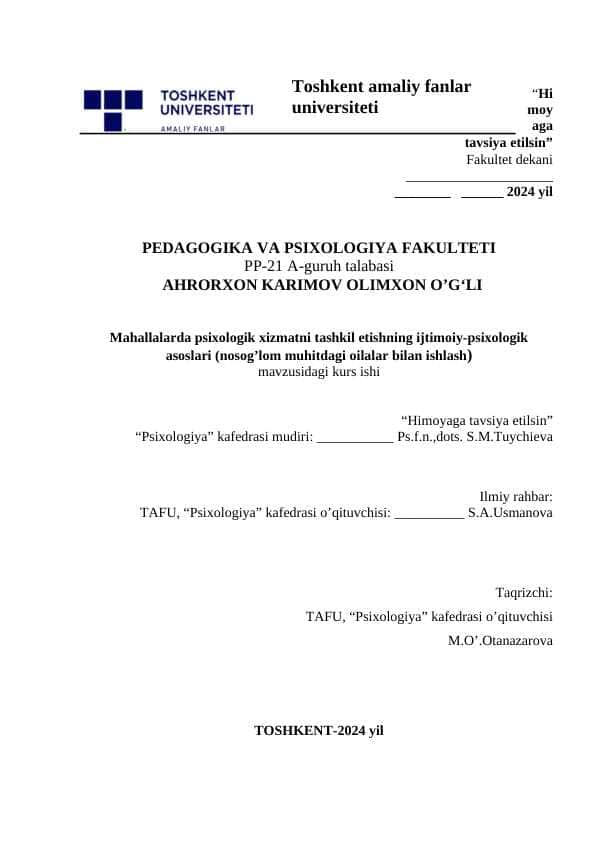 Mahallalarda psixologik xizmatni tashkil etishning ijtimoiy-psixologik asoslari (nosog’lom muhitdagi oilalar bilan ishlash)