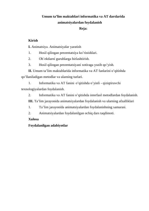 Umum ta’lim maktablari informatika va AT darslarida animatsiyalardan foydalanish