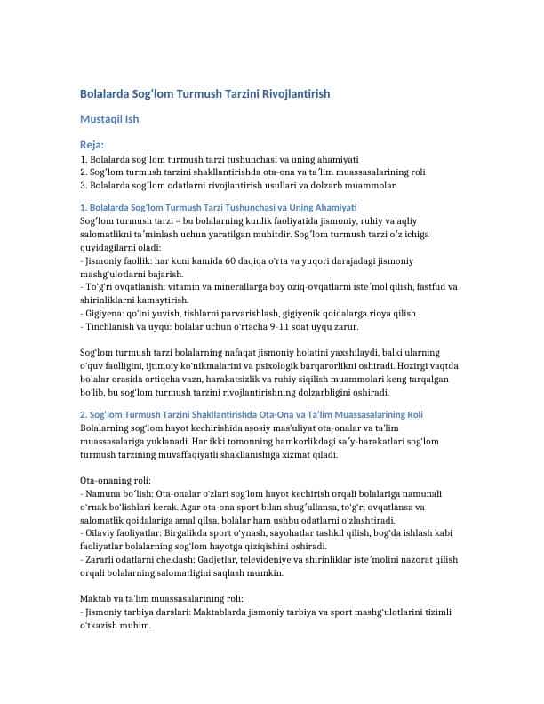 Bolalarda Sogʻlom Turmush Tarzini Rivojlantirish