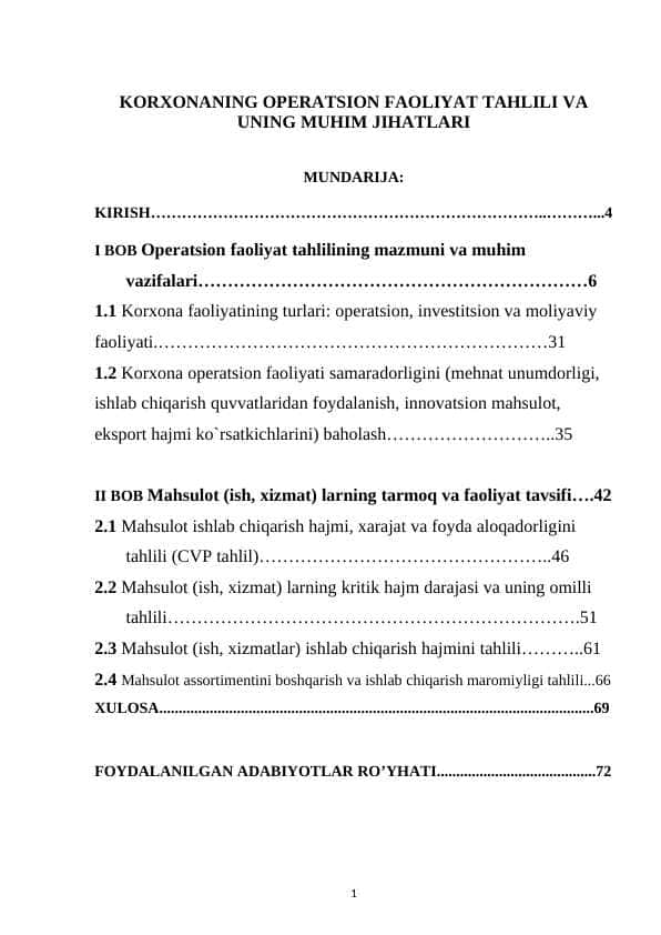KORXONANING OPERATSION FAOLIYAT TAHLILI VA UNING MUHIM JIHATLARI