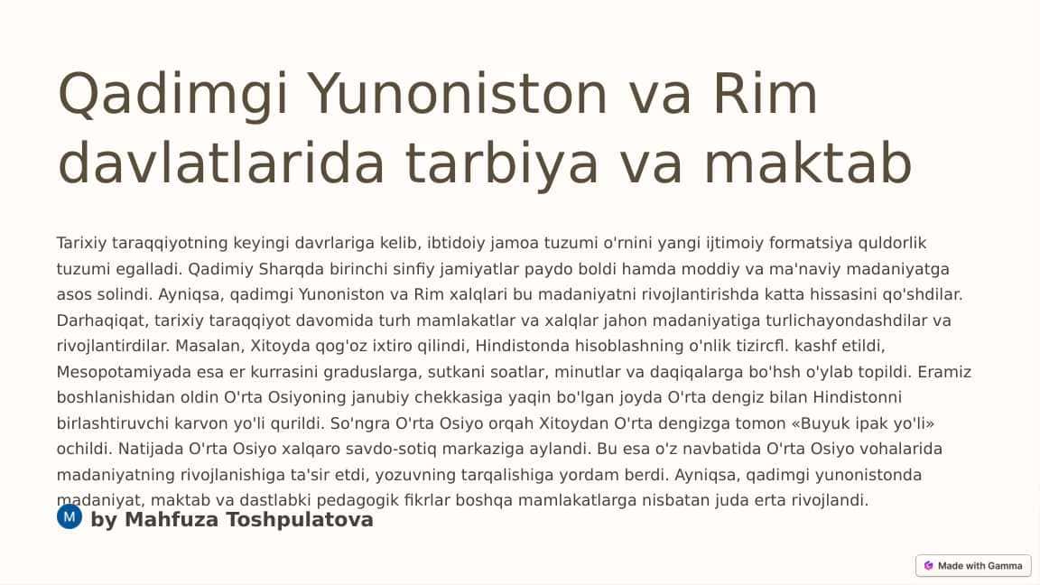 Qadimgi Yunoniston va Rim davlatlarida tarbiya va maktab