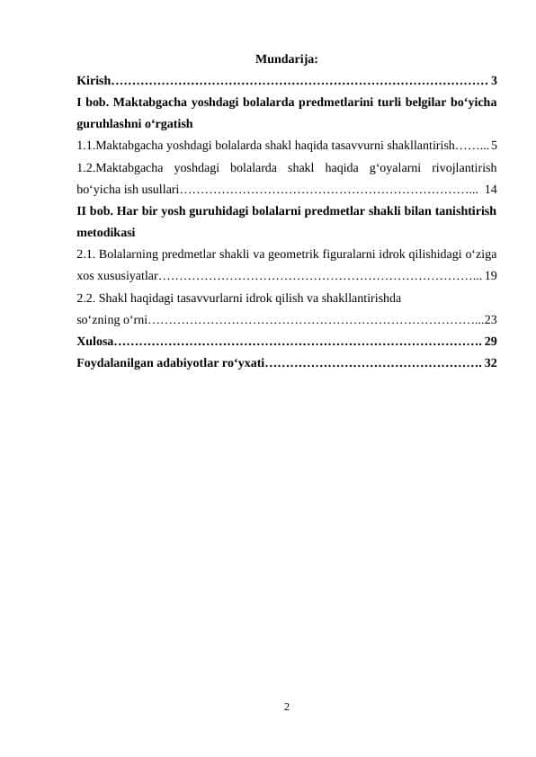 Bolalarni predmetlar shakli bilan tanishtirish vazifalari