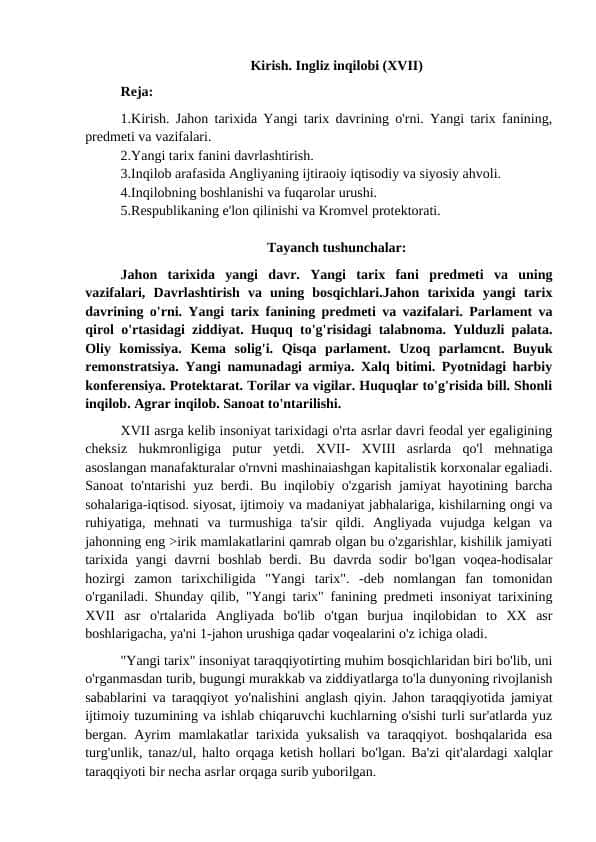 Kirish. Ingliz inqilobi XVII asr