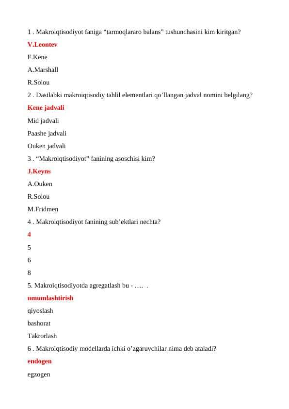 Makroiqtisodiyot fanidan test savollari va javoblari.