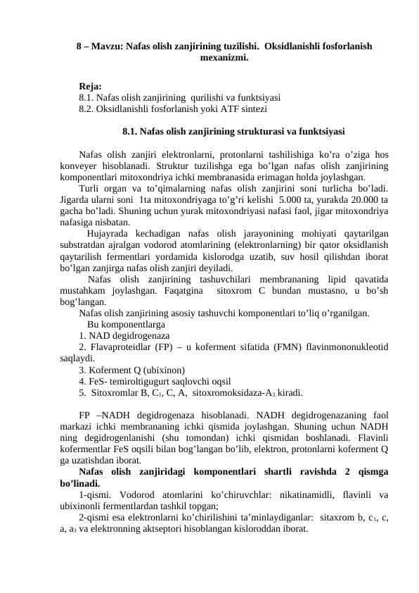 Nafas olish zanjirining buzilishi. Oksidlanishli fosforlanish mexanizmi