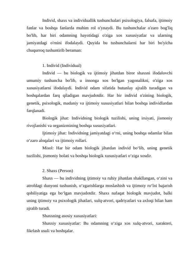 Individ, shaxs va individuallik tushunchalari