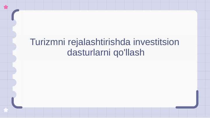 Turizmni rejalashtirishda investitsion dasturlarni qo'llash