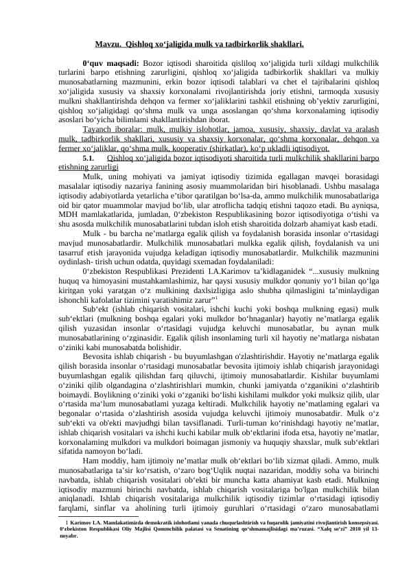 Qishloq xo‘jaligida mulk va tadbirkorlik shakllari.