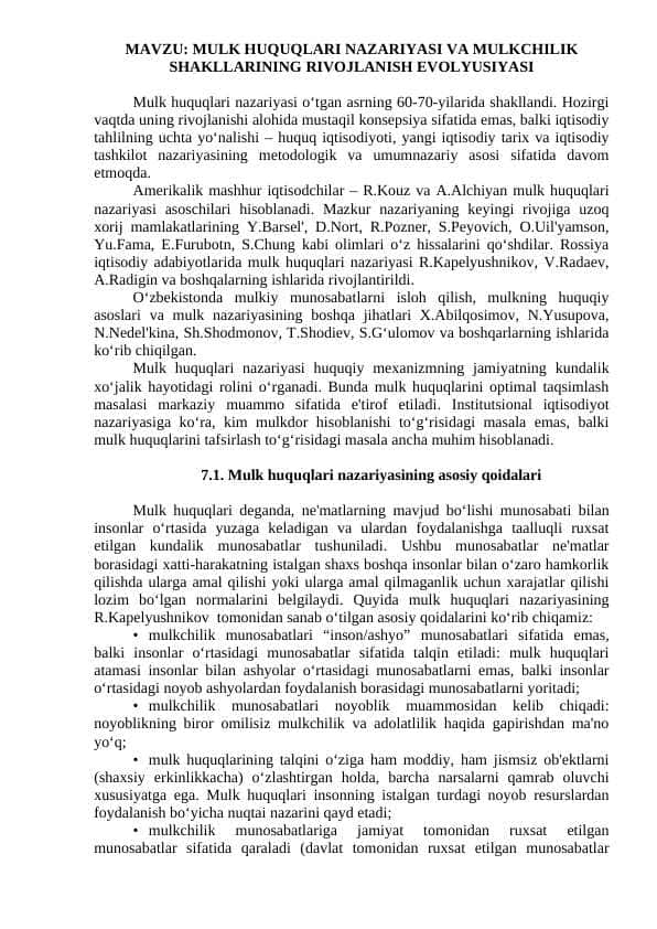 MULK HUQUQLARI NAZARIYASI VA MULKCHILIK SHAKLLARINING RIVOJLANISH EVOLYUSIYASI