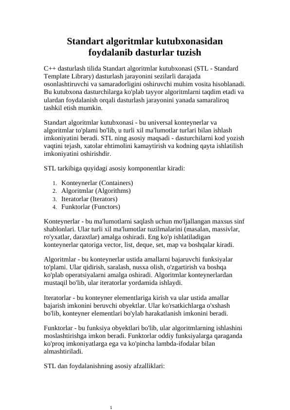 Standart algoritmlar kutubxonasidan foydalanib dasturlar tuzish