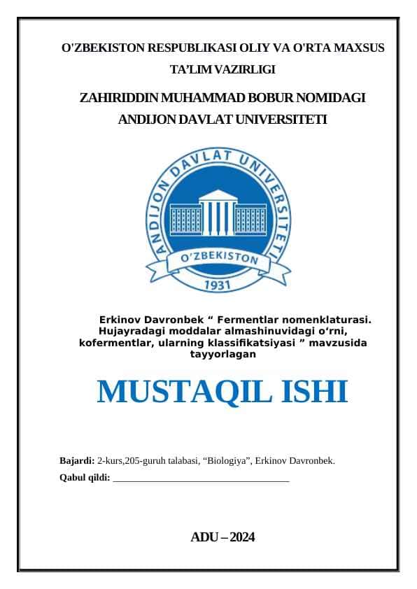 Fermentlar nomenklaturasi. Hujayradagi moddalar almashinuvidagi o‘rni, kofermentlar, ularning klassifikatsiyasi